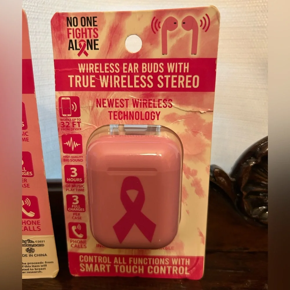 BCA 2 Sets Pink Wireless Earbuds w/Smart Touch Control Breast Cancer Awareness